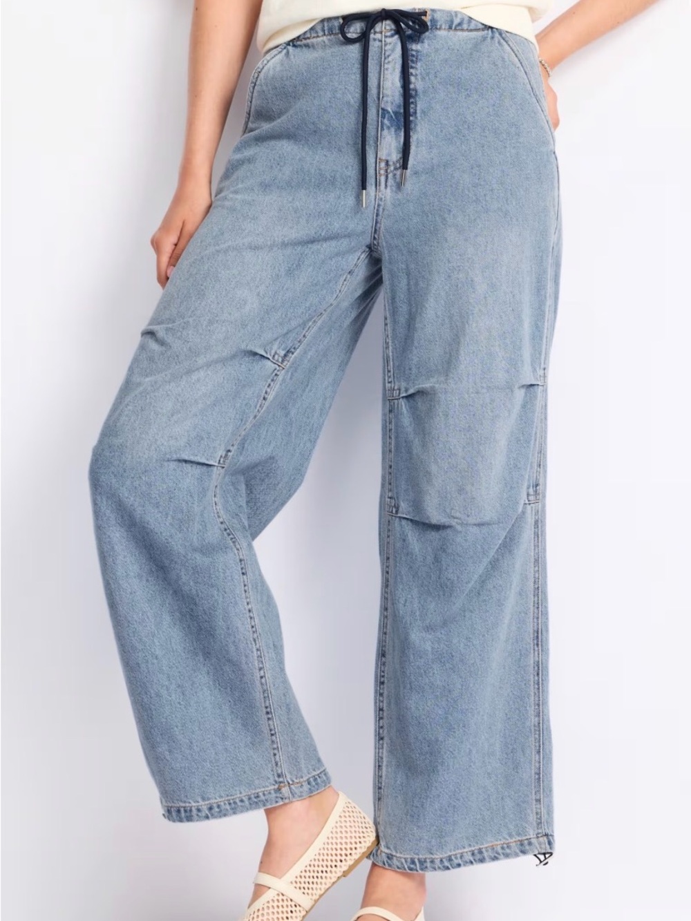 Wide Leg Light Blue Jeans with Drawstring Waist